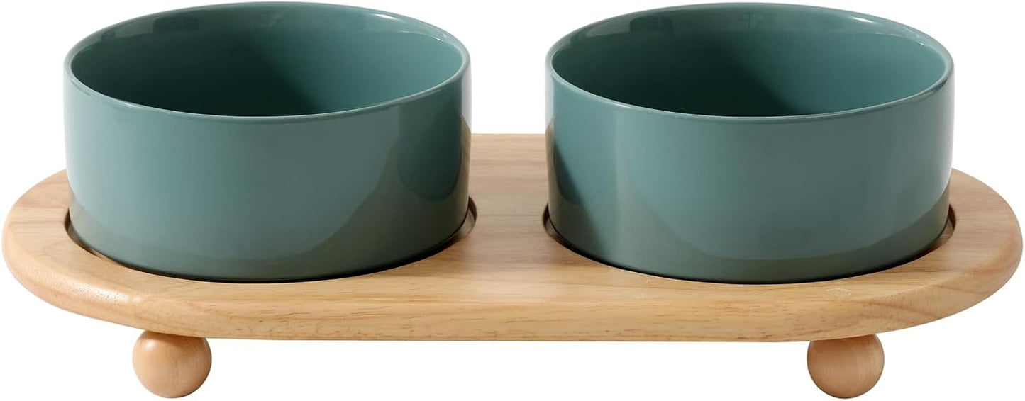 Ceramic Elevated Dog Bowls, Food and Water Bowls for Dogs, Puppy, Raised Dog Dish, Pet Feeder(6inch, 2 x Dark Green + Stand)