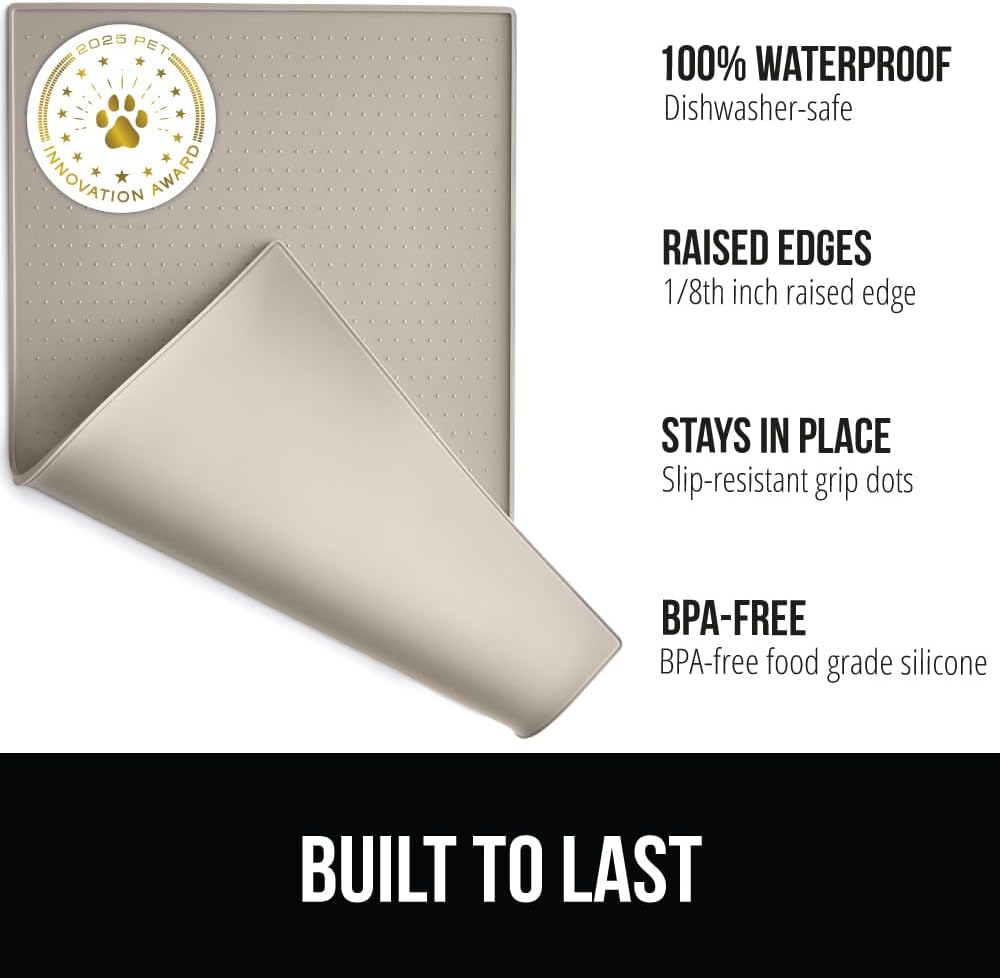 GORILLA GRIP 100% Waterproof Raised Edge BPA Free Silicone Pet Feeding Mat, Dog Cat Food Mats Contain Spills Protects Floors, Placemats for Cats and Dogs Water Bowl, Pets Accessories 28x18 Beige