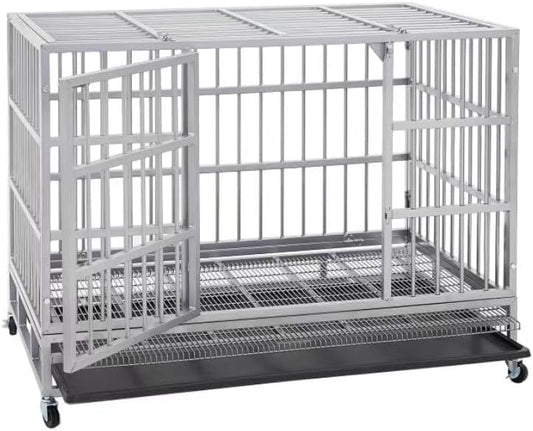 48 Inch Heavy Duty Dog Crate Cage with Wheels, Indestructible and Escape Proof Steel Kennel Indoor for High Anxiety Dogs with Sturdy Locks, Double Door and Removable Tray, Extra Large XL XXL
