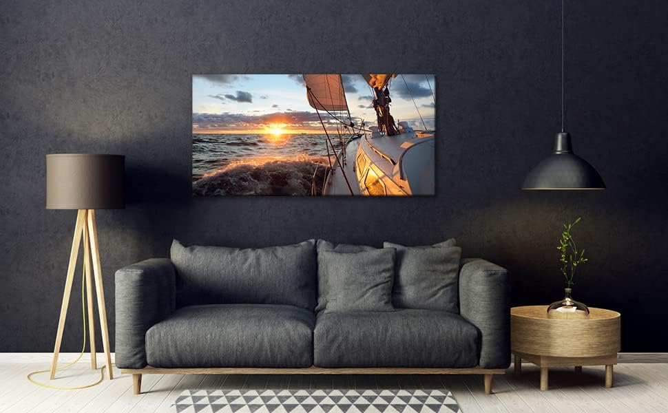 Yacht Sailing in Sea at Sunset Scenery Canvas Wall Art for Living Room Bathroom,Close-up View of Deck Mast Sails Picture Print Artwork Painting Decor,Epic Seascape Scenic Landscape,Inner Frame 30x60