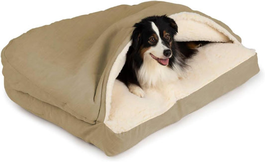 Snoozer Rectangle Cozy Cave Dog Bed - Indoor Dog Bed with Cover Cave, Covered Calming Burrow for Small & Medium Sized Pets with Blanket Attached, Enclosed, Washable - Medium, Khaki