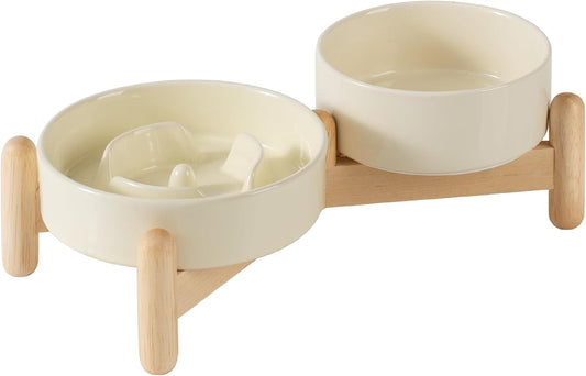 Ceramic Raised Slow Feeder Dog Bowl Set, Elevated 5.1inch Water Bowl and 6.1inch Puzzle Slow Pet Food Dish with Wooden Stand for Small Dog and Cat, Anti-Gulping (2X Beige+ Stand)