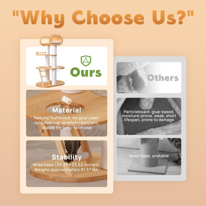 63.6'' Modern Cat Tree Indoor, Solid Wood Cat Tree with Scratching Post for Multi-Cat Families, Tall Cat Tower with Auxiliary Stairs, Huge Condo for Large Cats