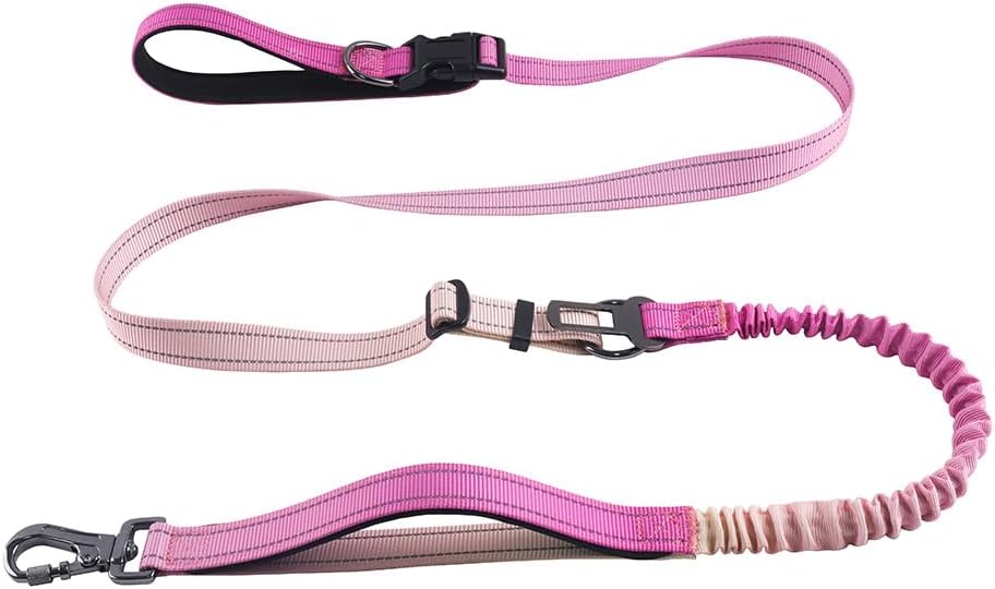 Hands Free Dog Leash for Large Medium Dogs Heavy Duty Bungee Reflective Adjustable Waist Leashes for Walking Running with Car Buckle 4-6FT (Rose)
