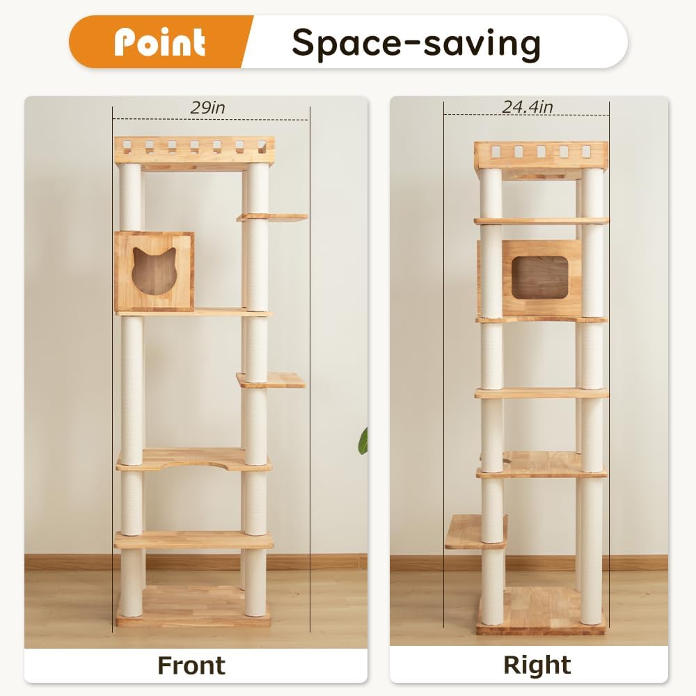 74" Wooden Cat Tree Tower for Large Cats, Multi-Level Cat Climbing Furniture with Scratching Posts, Cat Condo & Hammock, Natural Wood Cat Activity Center (White)