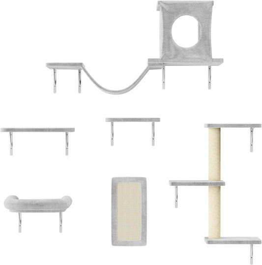 NUNU LAB Cat Wall Shelves, 6 Pcs Luxury Wall-Mounted Cat Climber Set, Indoor Cat Furniture with 1 Condos House, 2 Cat Wall Shelves, 1 Scratching, 1 Bridge Ladder, 1 Scratching Pad, Gray