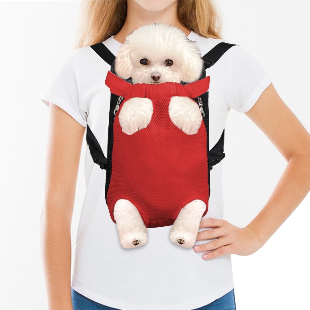 FEimaX Dog Carrier Backpack Pet Legs Out Front Cat Travel Bag, Adjustable Puppy Backpacks Carriers Hands-Free for Small Medium Dogs Cats Hiking Traveling Camping Daily Walking (Small, Red)