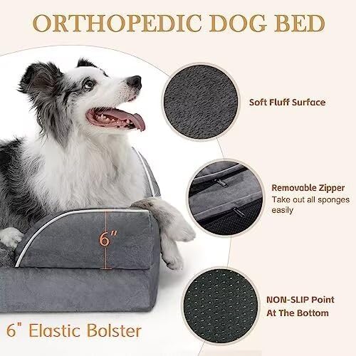 Comfort Expression Dog Beds Memory Foam, XXL Orthopedic Waterproof Dogs Beds, Giant Washable Dog Beds with Bolster & Removable Cover(XX-Large,Leaden Grey)