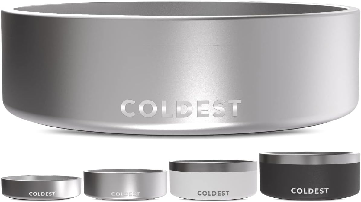 Coldest Dog Bowl - Anti Rust Metal, Non Slip, 3 Layers Insulated Stainless Steel Dog Bowls - Spill Proof & Heavy Duty - Water Bowl for Dogs, Cats, Dish Washer Safe (42 oz, Polished Stainless Steel)