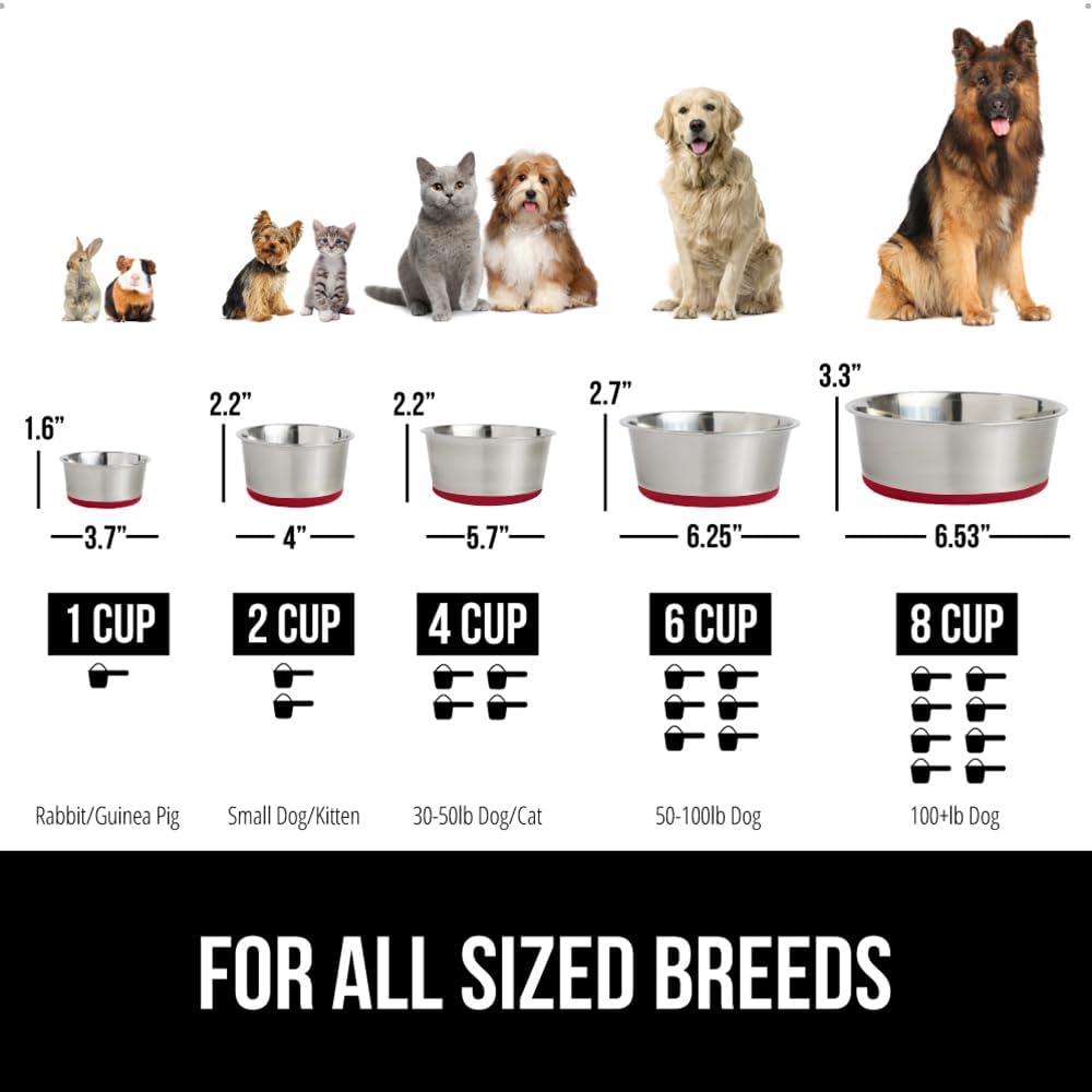 GORILLA GRIP Set of 2 Dog Bowls, Heavy Duty Metal Food and Water Bowl for Feeding Dogs and Cats, Dishwasher Safe, Rust Resistant Stainless Steel, BPA Free Rubber Base, Holds 1 Cup (8 fl oz), Red