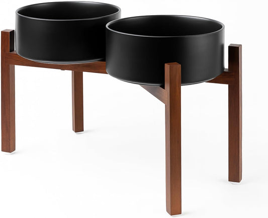 SPUNKYJUNKY Raised Ceramic Dog Bowls Set with Non-Slip Acacia Wood Stand for Large Sized Dog(60.87 OZ, Black)