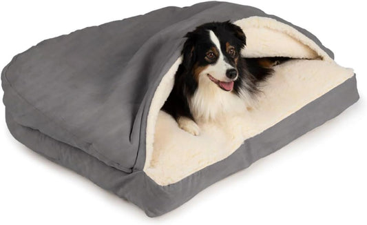 Snoozer Rectangle Cozy Cave Dog Bed - Indoor Dog Bed with Cover Cave, Covered Calming Burrow for Small Sized Pets with Blanket Attached, Enclosed, Washable - Small, Heather Gray