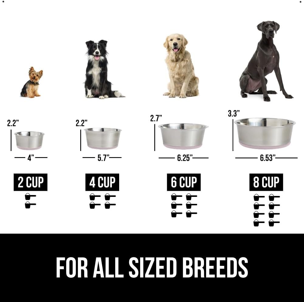 GORILLA GRIP Set of 2 Dog Bowls, Holds 4 Cups (32 fl oz), Heavy Duty Metal Food and Water Bowl for Feeding Dogs and Cats, Dishwasher Safe, Rust Resistant Stainless Steel, BPA Free Rubber Base, Lt Pink