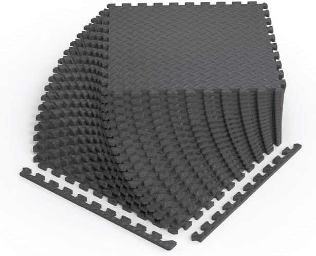 Norsk Foam Floor Gym Mats with Interlocking Tiles, .47" Thick, 24"x24", 54-Pack, 216 Square Feet, Diamond Plate Design, Grey