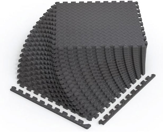 Norsk Foam Floor Gym Mats with Interlocking Tiles, .47" Thick, 24"x24", 54-Pack, 216 Square Feet, Diamond Plate Design, Grey