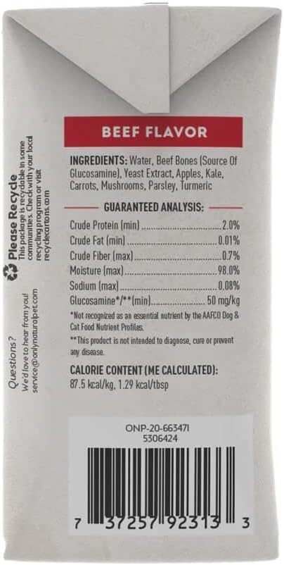 Only Natural Pet Bone Broth Beef Flavor Dog & Cat Meal Topper, 100% Human-Grade Slow-Simmered, Free-Range for Dry Food or to Hydrate Dehydrated Food - (12-Pack / 11.16 oz Each)