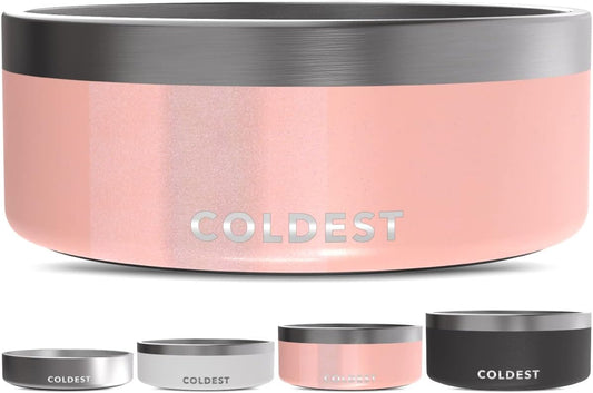 Coldest Dog Bowl - Anti Rust Metal, Non Slip, 3 Layers Insulated Stainless Steel Dog Bowls - Spill Proof & Heavy Duty - Water Bowl for Dogs, Cats & Pets, Dish Washer Safe (64 oz, Forever Pink Glitter)
