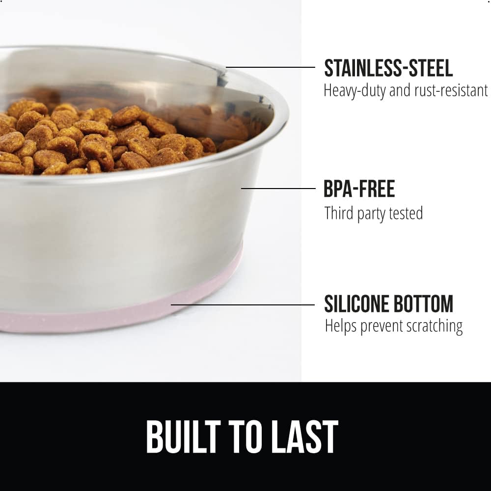 GORILLA GRIP Set of 2 Dog Bowls, Heavy Duty Metal Food and Water Bowl for Feeding Dogs and Cats, Dishwasher Safe, Rust Resistant Stainless Steel, BPA Free Rubber Base, Holds 2 Cups (16 fl oz), Lt Pink