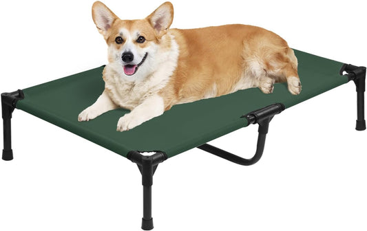 Outdoor Elevated Dog Beds Medium Sized Dog, Cooling Raised Dogs Cots Bed with Breathable Mesh, Portable Lifted Pet Hammock, Non-Slip Feet, Green, M