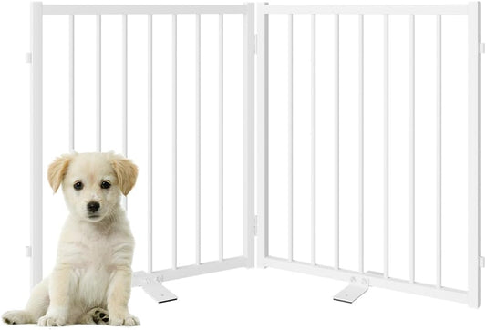 Full Metal Freestanding Dog Gate with Door, 24'' Height Foldable Pet Dog Fence for Indoor & Outdoor, 2 Panels Extra Wide Free Standing Small Dog Gates for Doorways,House,Stairs,Porch,Deck,Yard