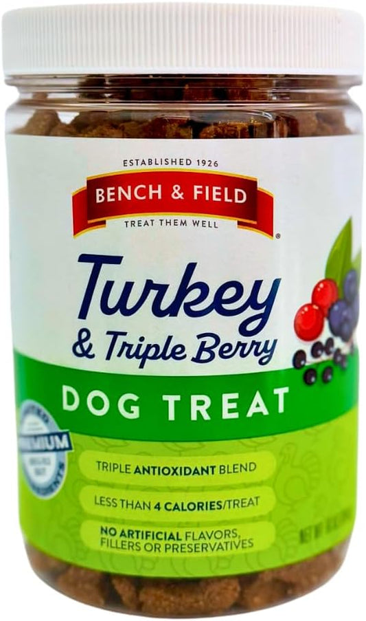 Bench & Field Holistic Natural Turkey & Triple Berry Dog Treats | Crunchy Bone-Shaped Bites | Antioxidant Blend, 10-Ounce Bottle