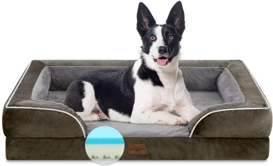 Comfort Expression Orthopedic Memory Foam Dog Beds, Waterproof Dog Beds Large Sized, Washable Dogs Beds with Removable Cover, Pet Sofa Couch with Bolster(Large,Olive Green)