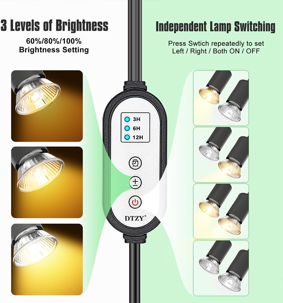 Reptile Heat Lamp, Dual-Head UVA/B Reptile Light with 3/6/12H Cycle Timer, Basking Light for Reptile Turtle Bearded Dragon Lizards Snake, E26/27 Base with 4 Bulbs (2PCS 50W and 2PCS 75W)