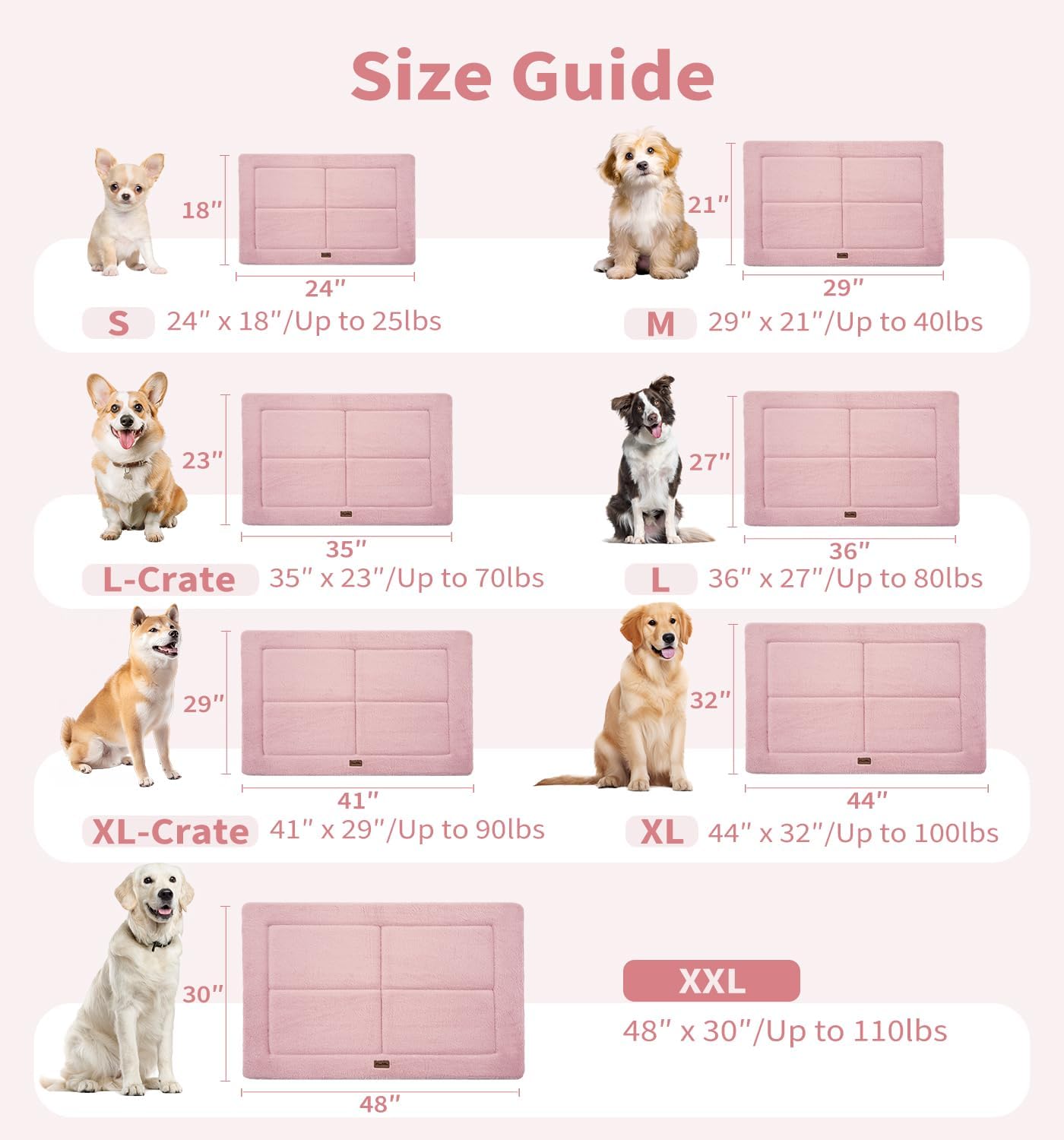 MADE 4 PETS Dog Crate Pad Bed for Large Dogs, Washable & Reversible, Anti-Slip Kennel Mat for Cozy Sleeping, Soft Fluffy Dog Bed for Indoor & Outdoor Use, 41"x29", Pink
