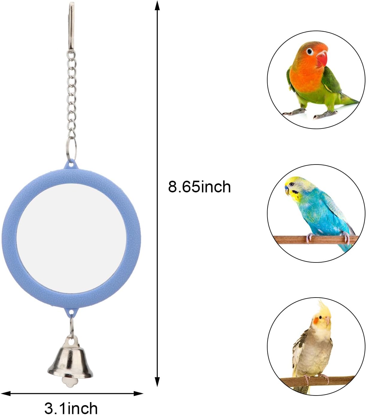 Hypeety Pet Bird Mirror with Bell Interactive Parrot Toy Bird Cage Mirror for Cockatiel Parakeets Canaries Budgie (Blue)