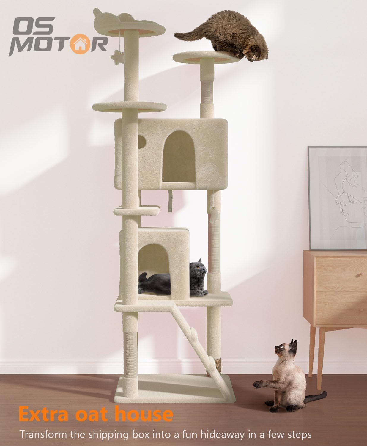 77'' Cat Tree Tower for Indoor Cats Large Adult, Cute/Tall Modern Cat Tree for Big Cats 20 lbs, Plush Multi-Level Cat Condo with Scratching Posts, Dangling Ball for Fun Play (Beige, 77 inch)