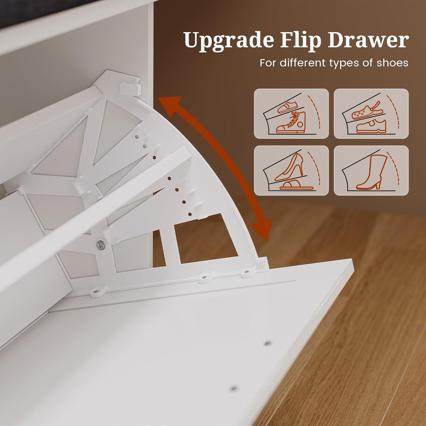 Farmhouse Storage Bench with Flip Drawers & Padded Seat Cushion, Half Hidden Shoe Rack Organizer, Adjustable Shelf Shoe Cabinet for Large Family, Entryway, Bedroom, Living Room (White)