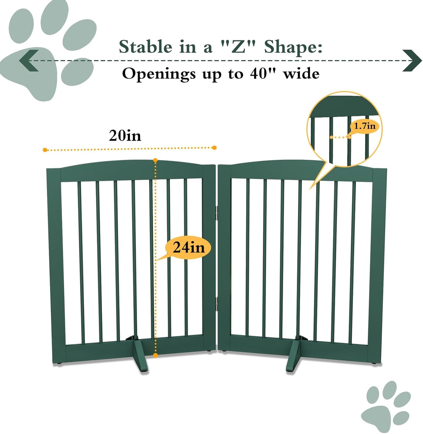Freestanding Pet Gate for Dogs, Foldable Wooden Dog Gate for House, Stairs, Doorways, Step Over Pet Puppy Safety Fence,Support Feet Included,24" Height 2 Panels, Green