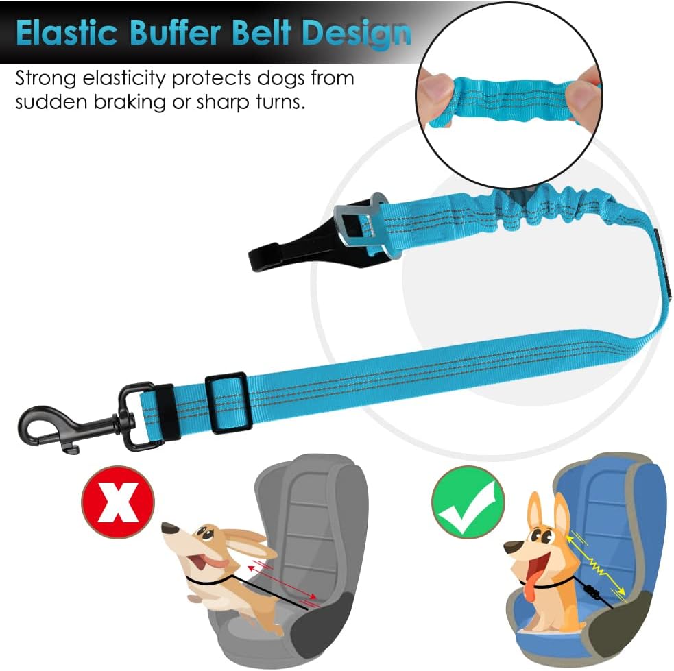 SlowTon Dog Seat Belt, Adjustable Dog Safety Belt Leash, 2 in 1 Latch Bar Attachment Dogs Car Seatbelt with Elastic Nylon Bungee Buffer, Reflective Nylon Belt Tether Connect to Dog Harness (Blue)