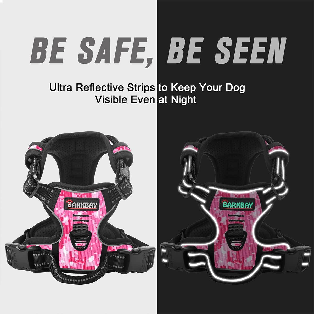 BARKBAY No Pull Dog Harness Front Clip Heavy Duty Reflective Easy Control Handle for Large Dog Walking(Pink camo,S)