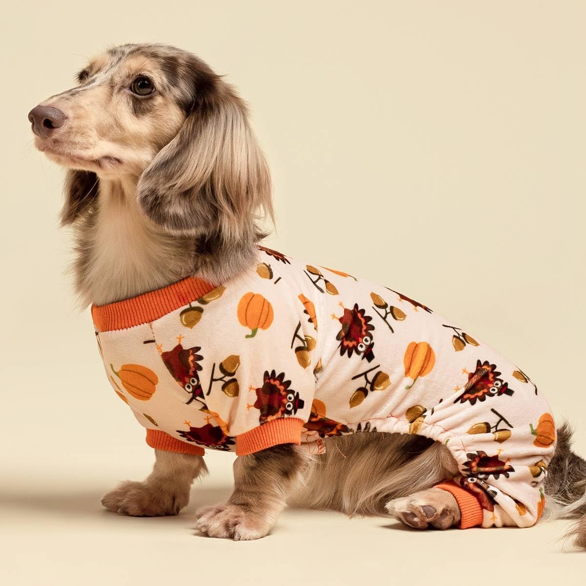 Fitwarm Thanksgiving Turkey Dog Pajamas, Funny Dog Winter Clothes for Small Dogs Girl Boy, Pet Jumpsuit, Cat Onesie with Feet, Lightweight Velvet, Orange, Small