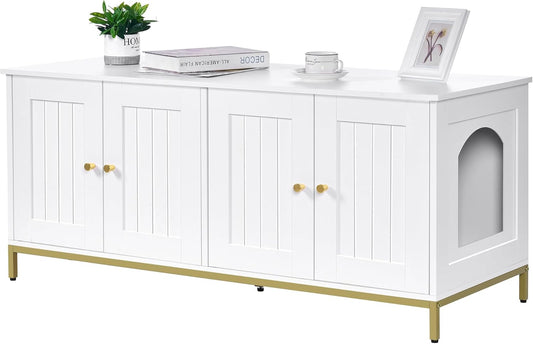 Homhedy Cat Litter Box Enclosure for 2 Cats, Cat Washroom Furniture with Double Room, Pet House with Metal Frame, 47.2”L x 17.7”W x 21.7”H, White and Gold