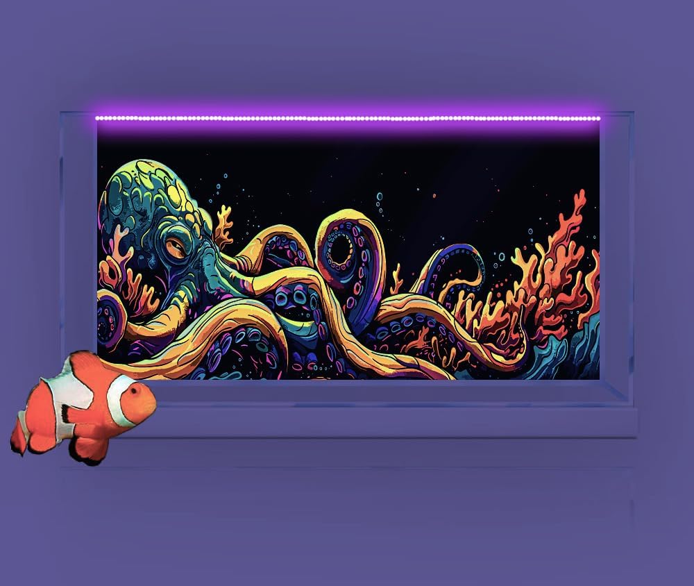 48X18IN Blacklight Octopus Sea Monster HD 3D Black Light Aquarium Background UV Reactive Background Terrarium Background with 10 EVA Double-Sided Tape