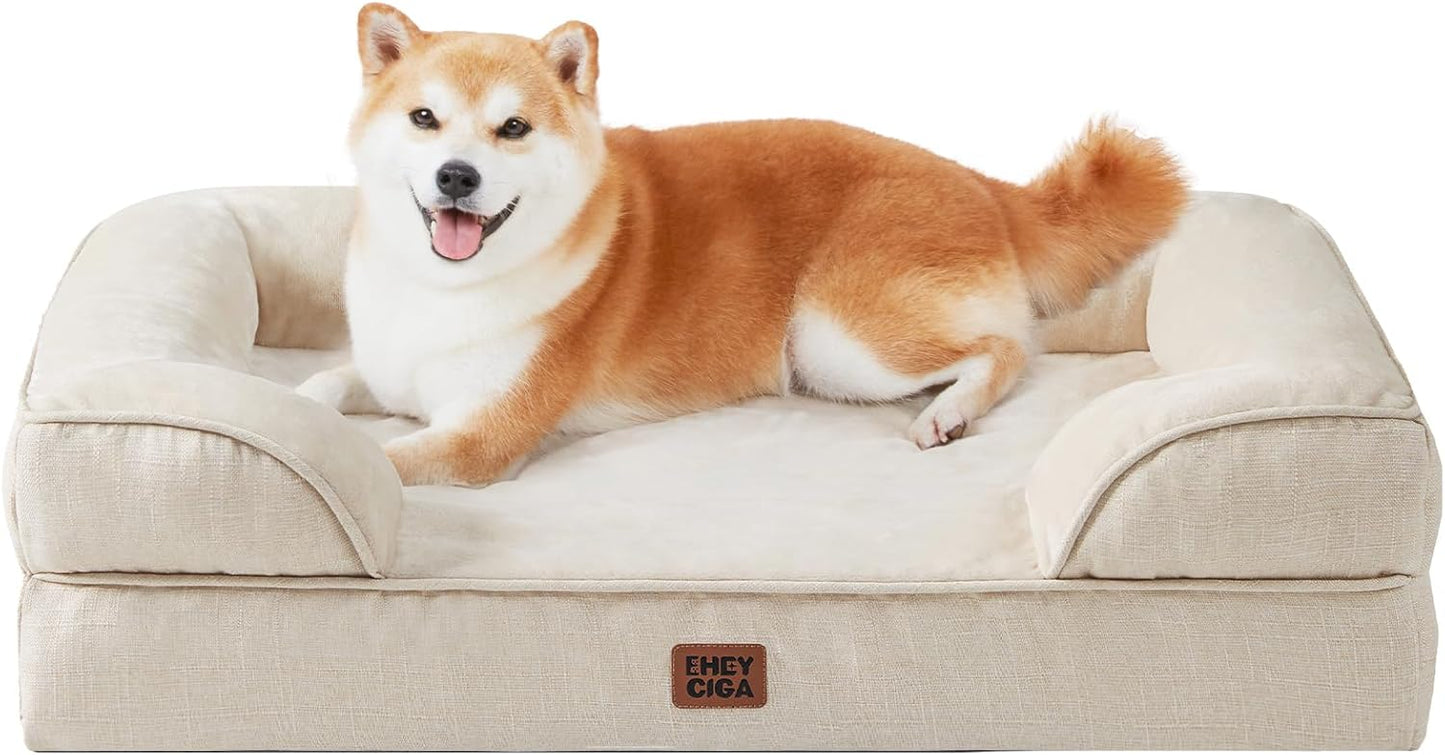 EHEYCIGA Orthopedic Dog Bed for Large Dogs, Waterproof Memory Foam, Non-Slip Bottom, Beige, 35"L x 22"W x 6.5"Th