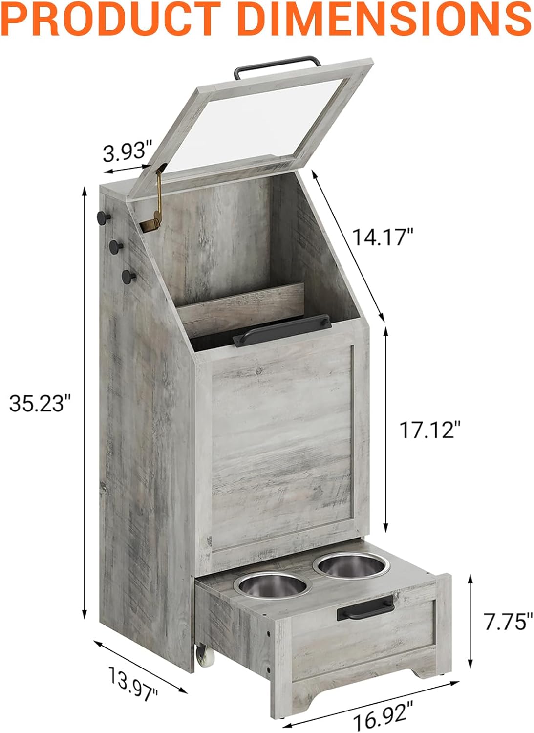 Dog Feeding Station with Storage Cabinet, 2 Elevated Bowls, FILP Top Food Storage Cabinet Container, Pet Feeding with 3 Hooks, Farmhouse Dog Feeder Station, Grey