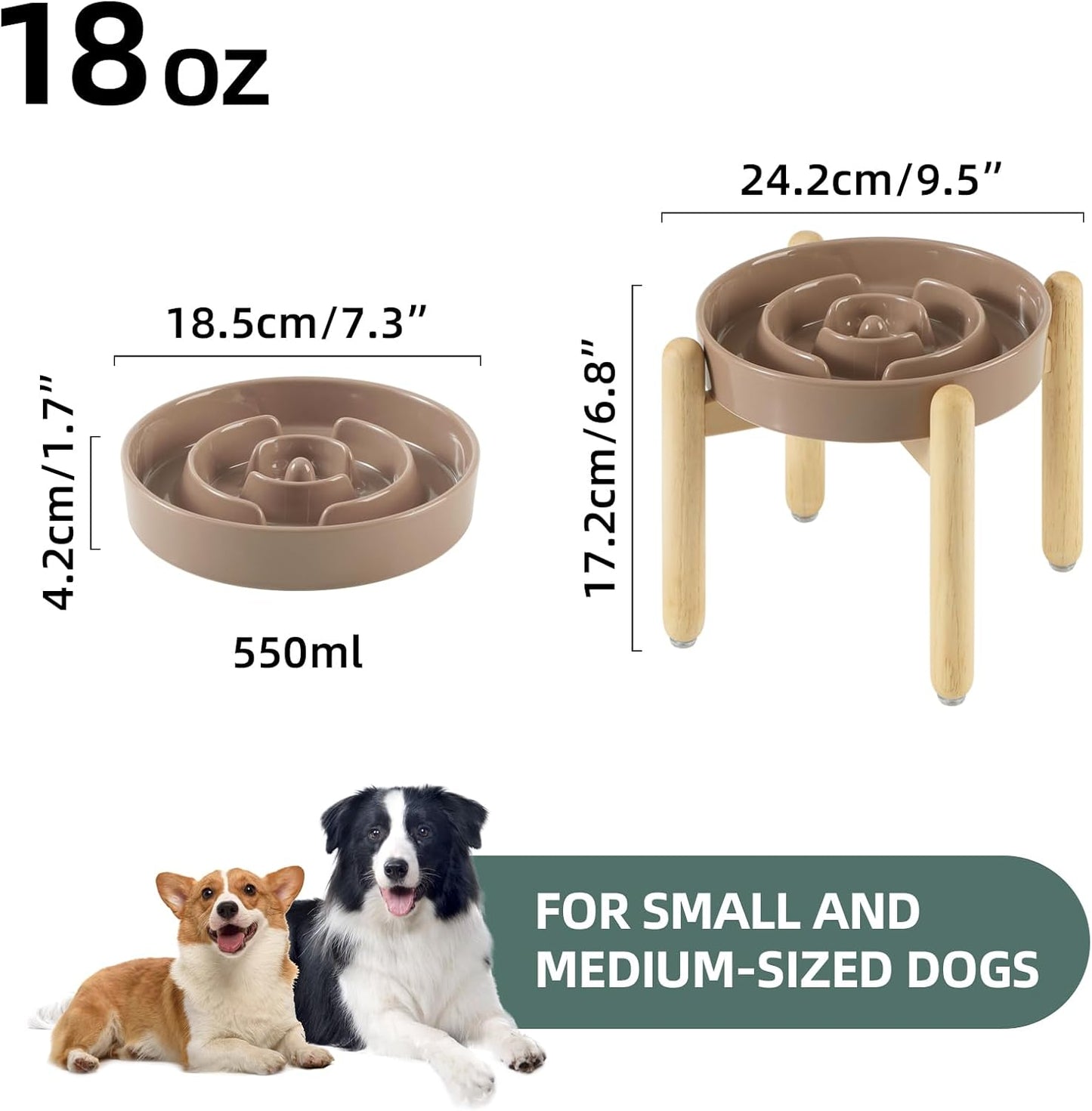 7.3inch Ceramic Raised Slow Feeder Dog Bowl Set, Elevated Wooden Stand for Medium and Small Dog, Puzzle Slow Food Dish, Preventing Choking(Brown Coffee, Single Bowl+ Stand)