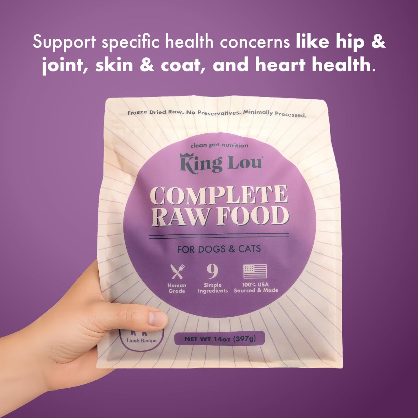 King Lou Pets - Human Grade Raw Food for Dogs and Cats - Complete Meal for Pets - Freeze Dried Lamb Recipe - 14oz