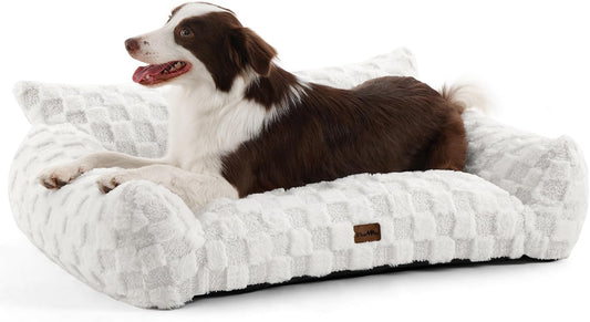Made4Pets Dog Couch Bed, Soft Faux Fur Checkered Pet Sofa, Comfortable Fluffy Dog Sofa with Supportive Foam, Removable Washable Cover with Non-Slip Base, White, Large