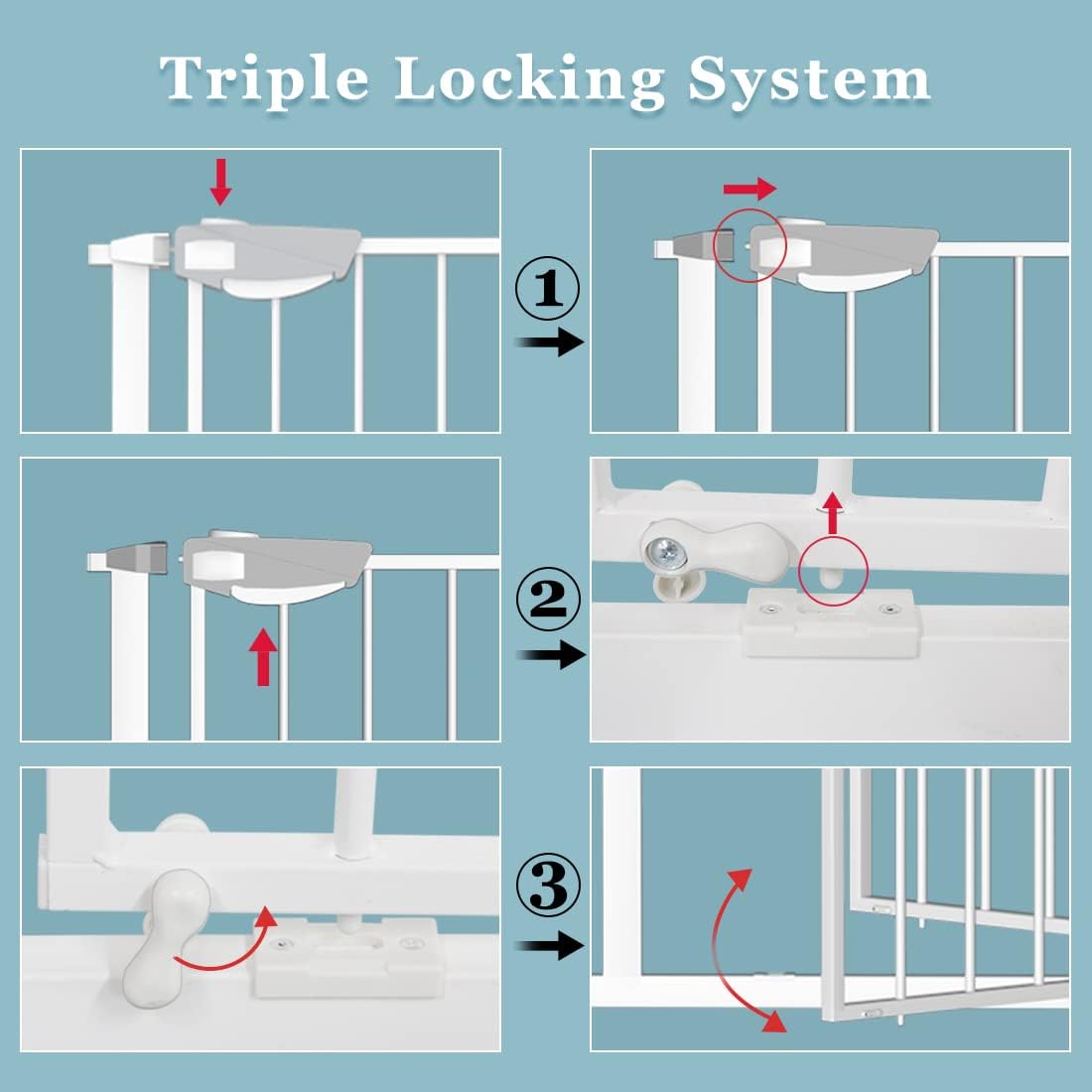 WAOWAO Triple Lock Baby Gate Extra Wide 72.04-76.77" Pressure Mounted Walk Through Swing Auto Close Safety White Metal Dog Pet Puppy for Stairs,Doorways,Kitchen