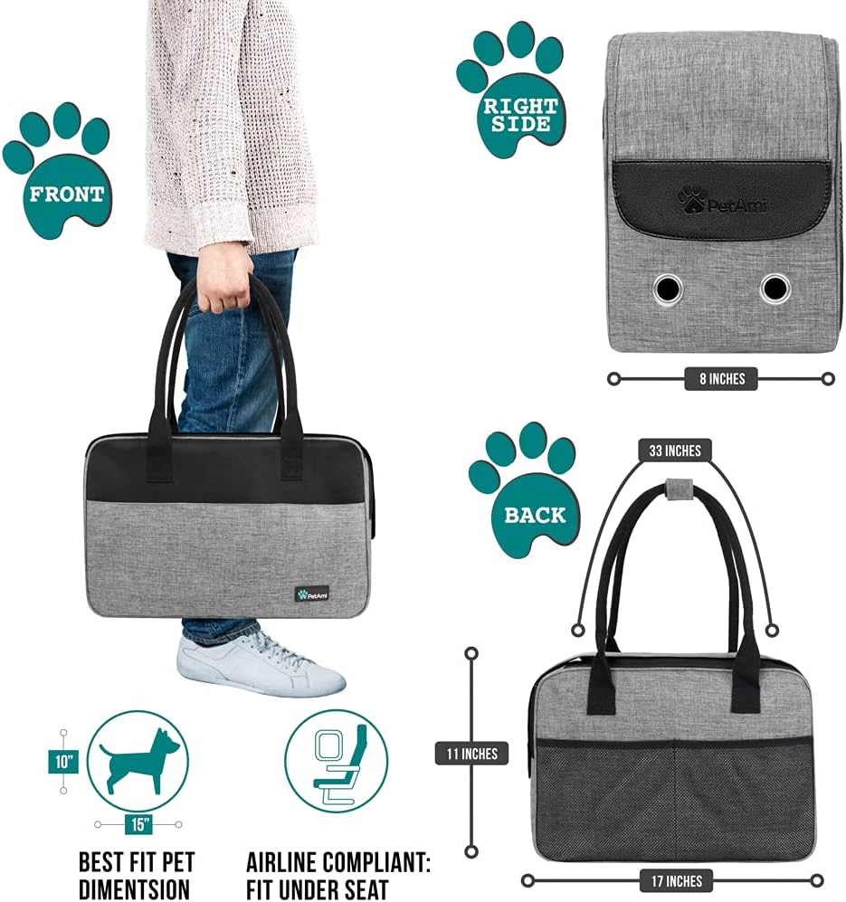 PetAmi Dog Purse Carrier for Small Dogs, Airline Approved Soft Sided Pet Carrier with Pockets, Ventilated Dog Carrying Bag for Puppy Cat, Dog Travel Supplies Bag, Sherpa Bed, Max 12 lbs, Gray