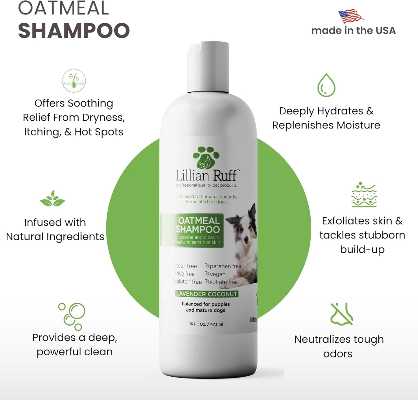 Lillian Ruff PRO Formula Deodorizing Oatmeal Dog Shampoo - Calms Itching & Allergies, Ultra-Nourishing Dry Skin Relief - Oatmeal, Aloe, Coconut Oil, Lavender & Provitamin B5 - Made in USA 16oz+Brush