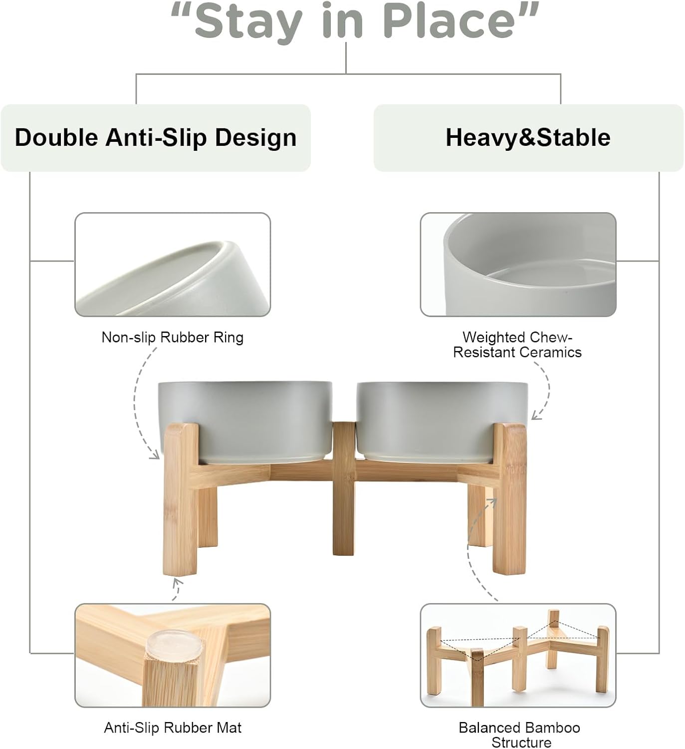 SPUNKYJUNKY Elevated Dog Bowls Ceramic, 6.1'' Dogs and Cat Food Water Bowls Raised with Non-Slip Bamboo Stand for Medium Sized Breed Microwave Dishwasher Safe - 28.7 OZ,Grey