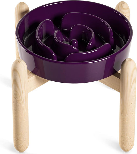 LE TAUCI Ceramic Slow Feed Dog Bowls, Elevated for Small and Medium Breed Dogs, Anti-Gulping Pet Feeding Dishes, Maze Purple, 1.5 Cups