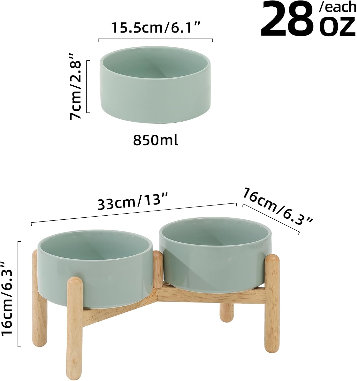 Ceramic 6.1inch Raised Dog Bowl with Stand for Small and Medium Breed Dog Dish Pet Food and Water Bowl (Double Bowl with Stand - Light Green, 28oz)