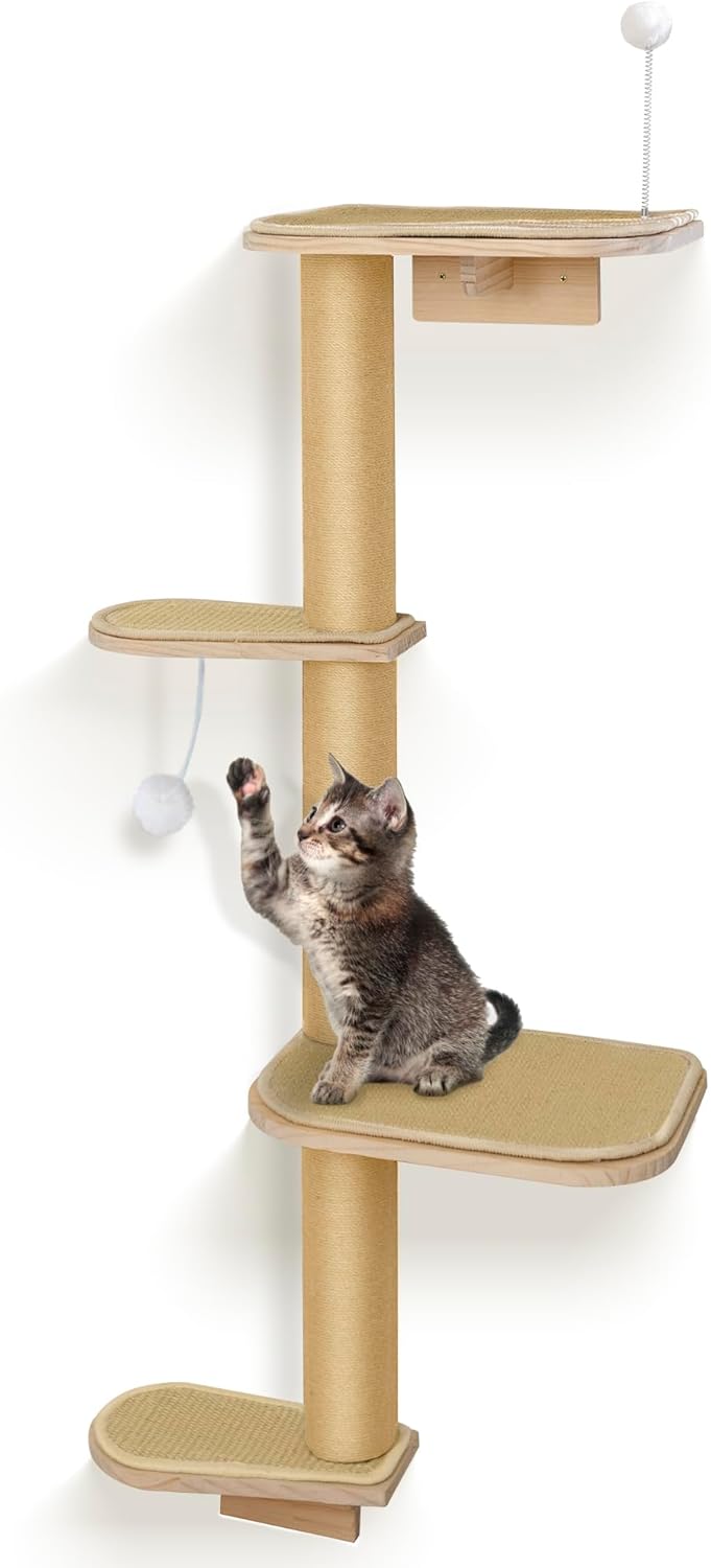 Cat Wall Shelves & Climber for Kittens – 4-Level Wall Mounted Cat Tree with Natural Sisal Pads, Adjustable Tower for Indoor Cats Up to 30lbs, Cat Wall Furniture System