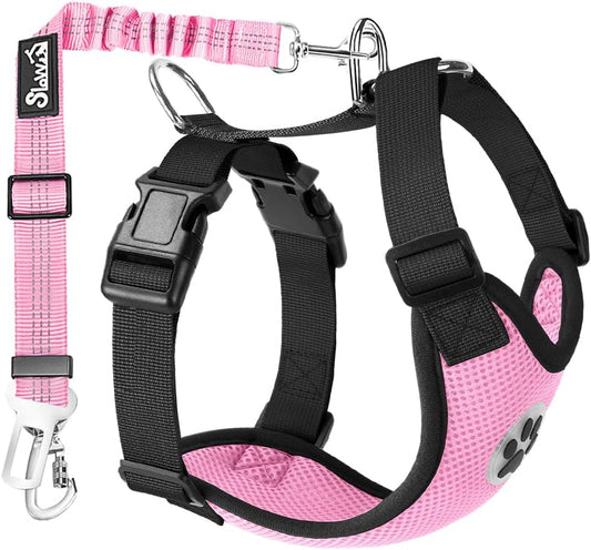 Lukovee Dog Seat Belt for Car, Adjustable Dog Car Harness for Large Medium Small Dogs, Soft Padded & Breathable Mesh Dog Seatbelt with Car Strap and Carabiner(Pink Double Clip,Small)